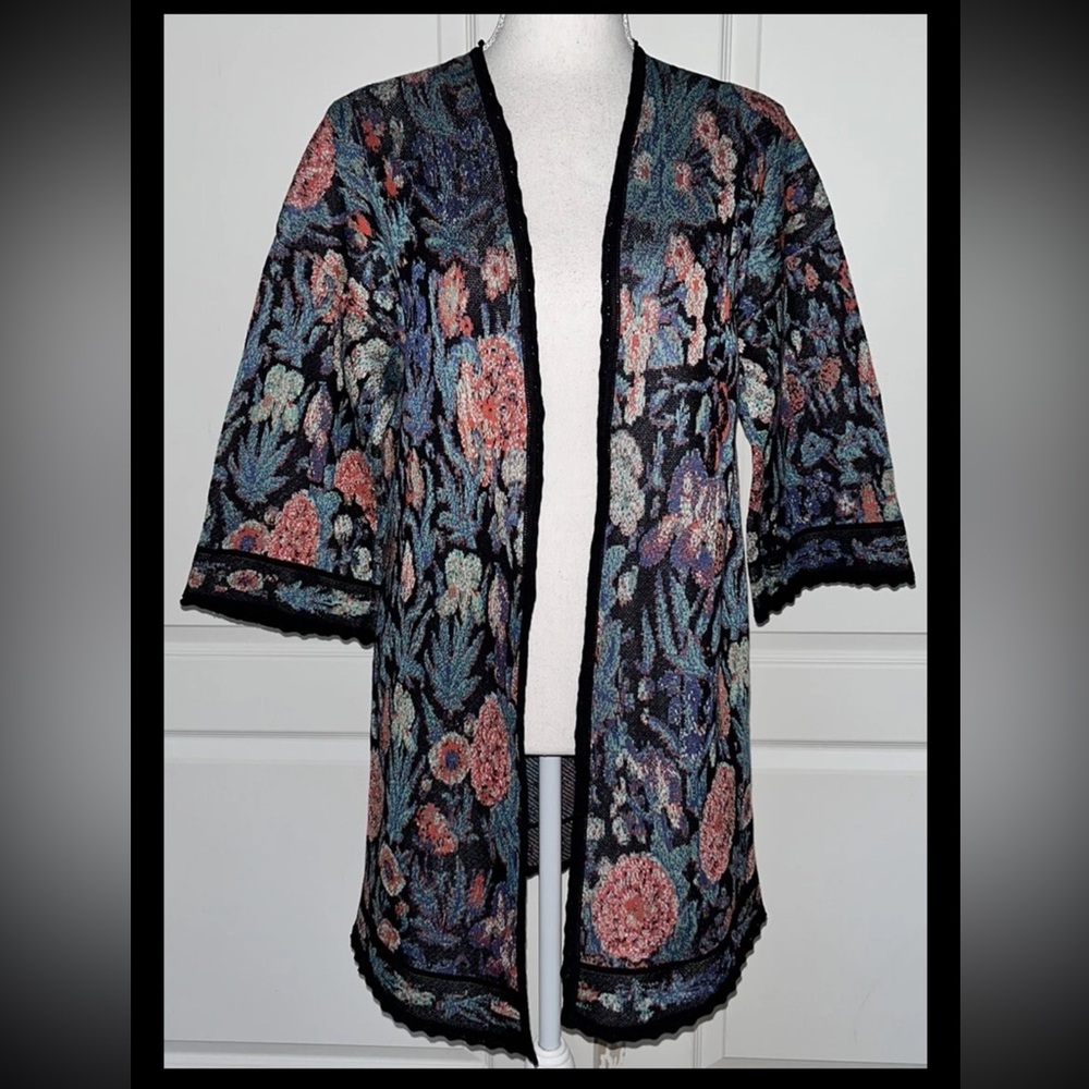 Peruvian Connection Jacquard Floral 3/4 Sleeve Open Front Cardigan Size Medium